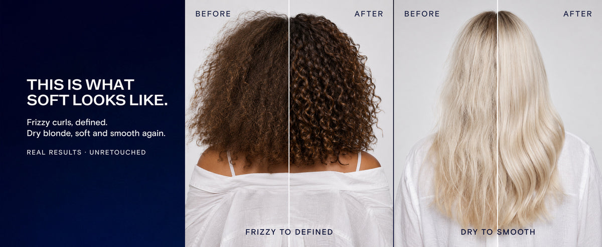Before and after CULISE Deep Hydrating Conditioner on curly and blonde hair, unretouched