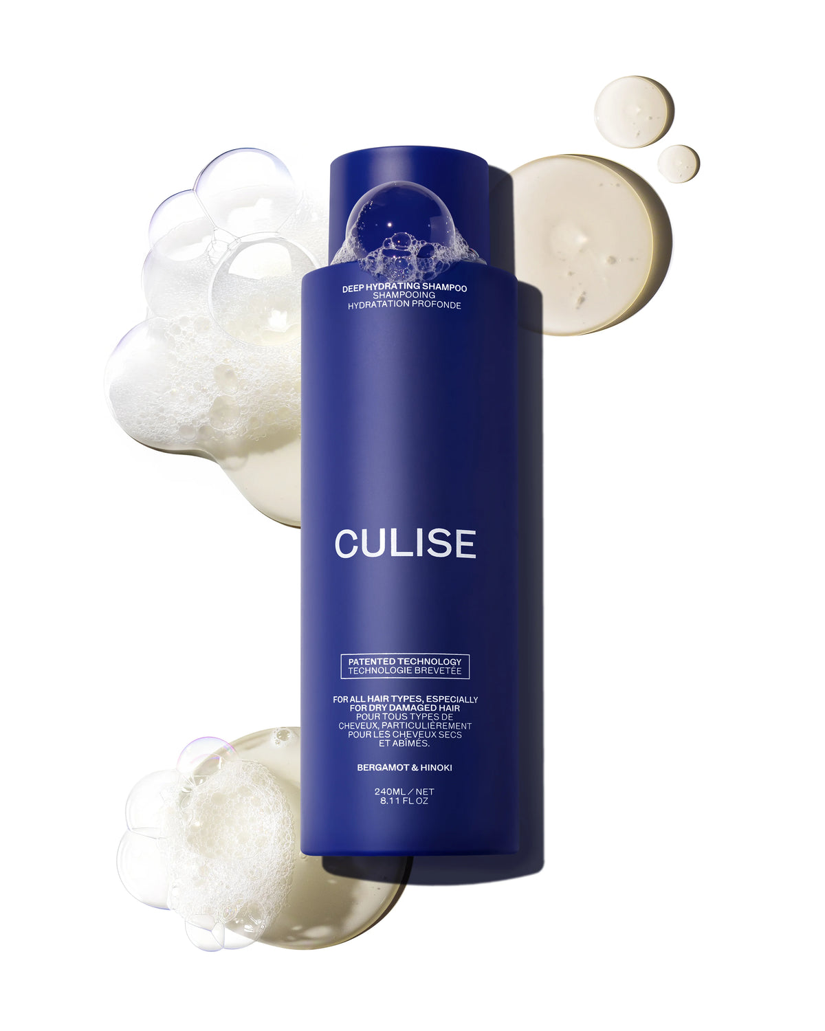 CULISE Deep Hydrating Shampoo 240 ml bottle with lather and bubbles