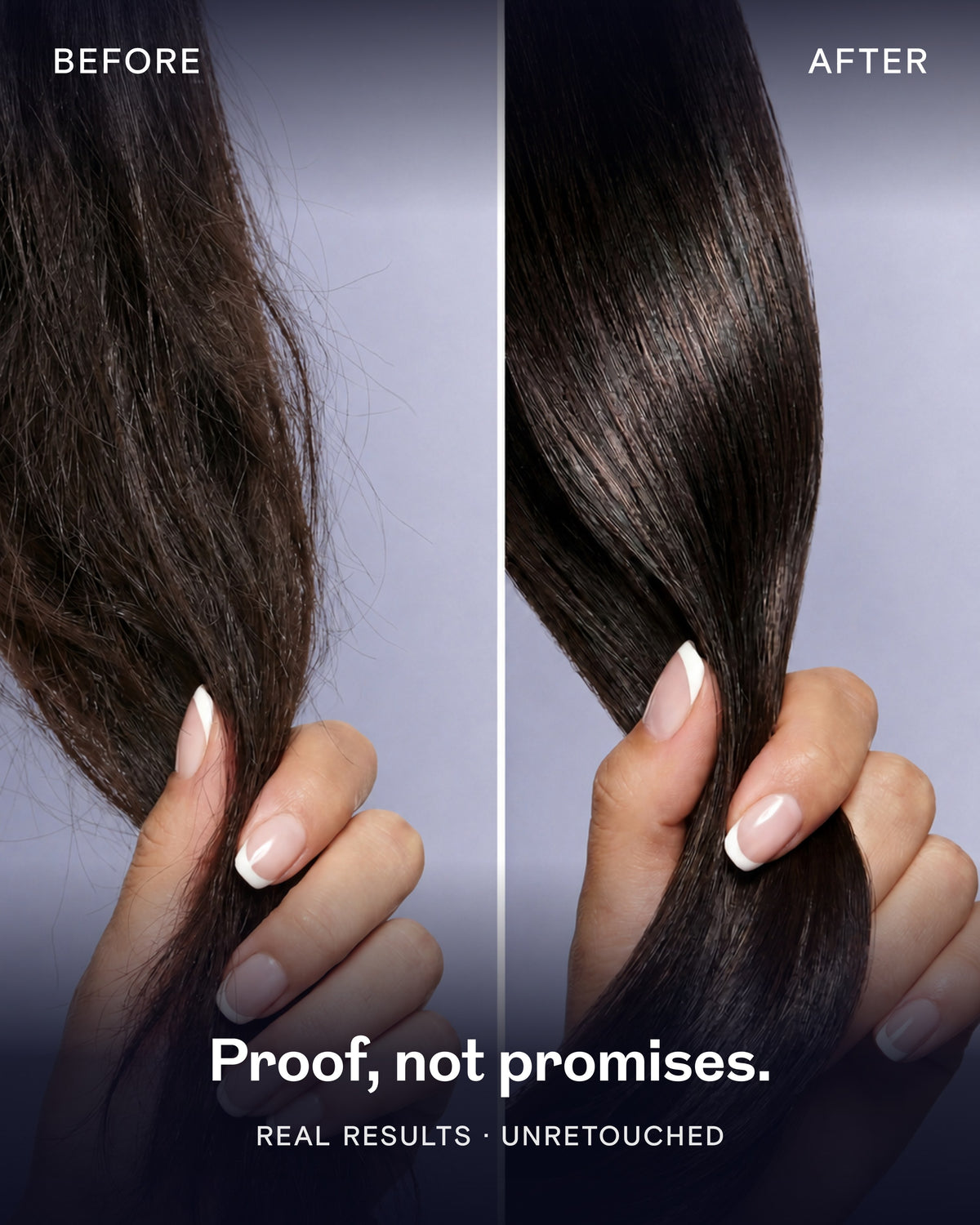 Before and after on brunette hair with CULISE conditioner. Real results, unretouched