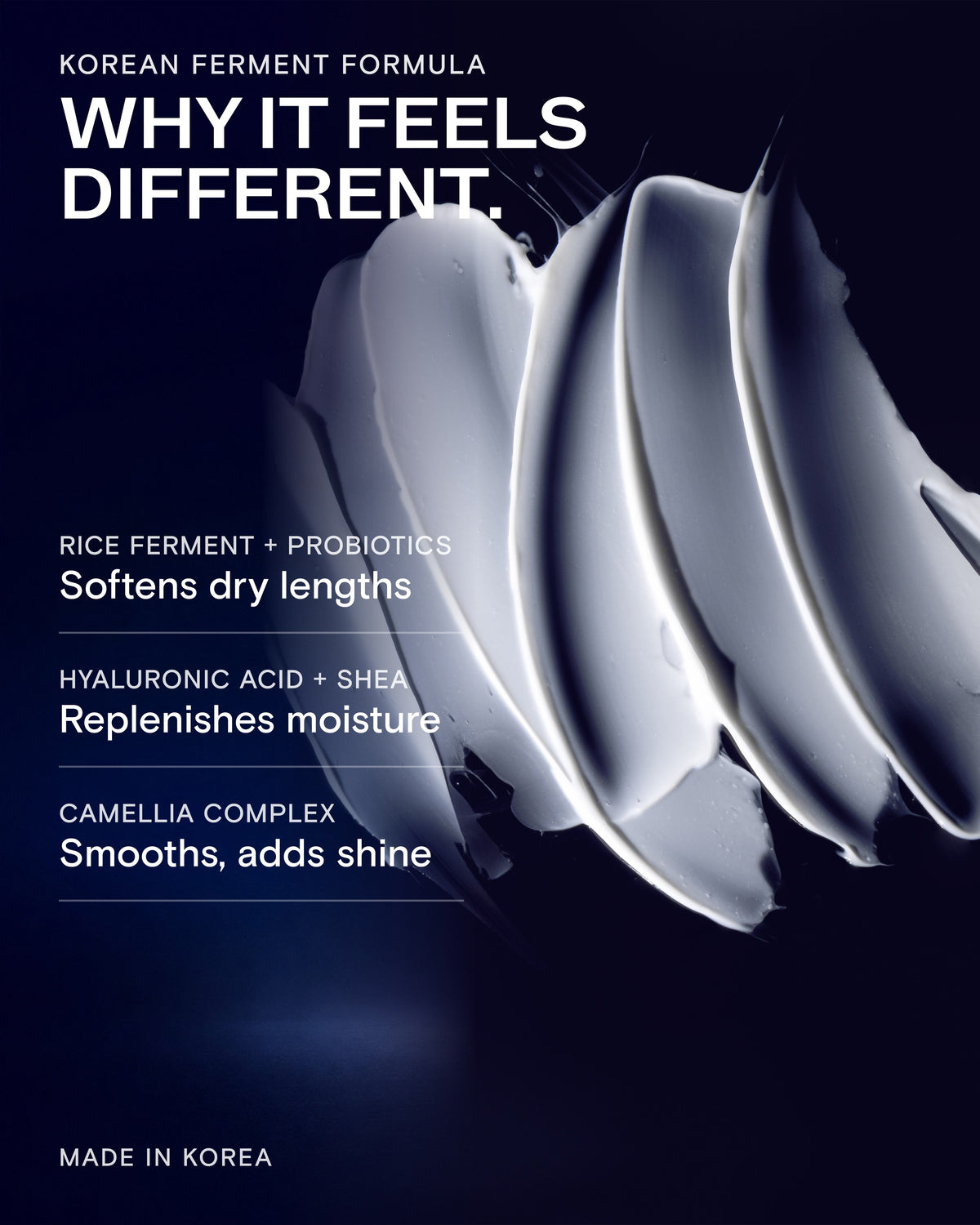 CULISE conditioner formula: rice ferment and probiotics, hyaluronic acid and shea, camellia complex