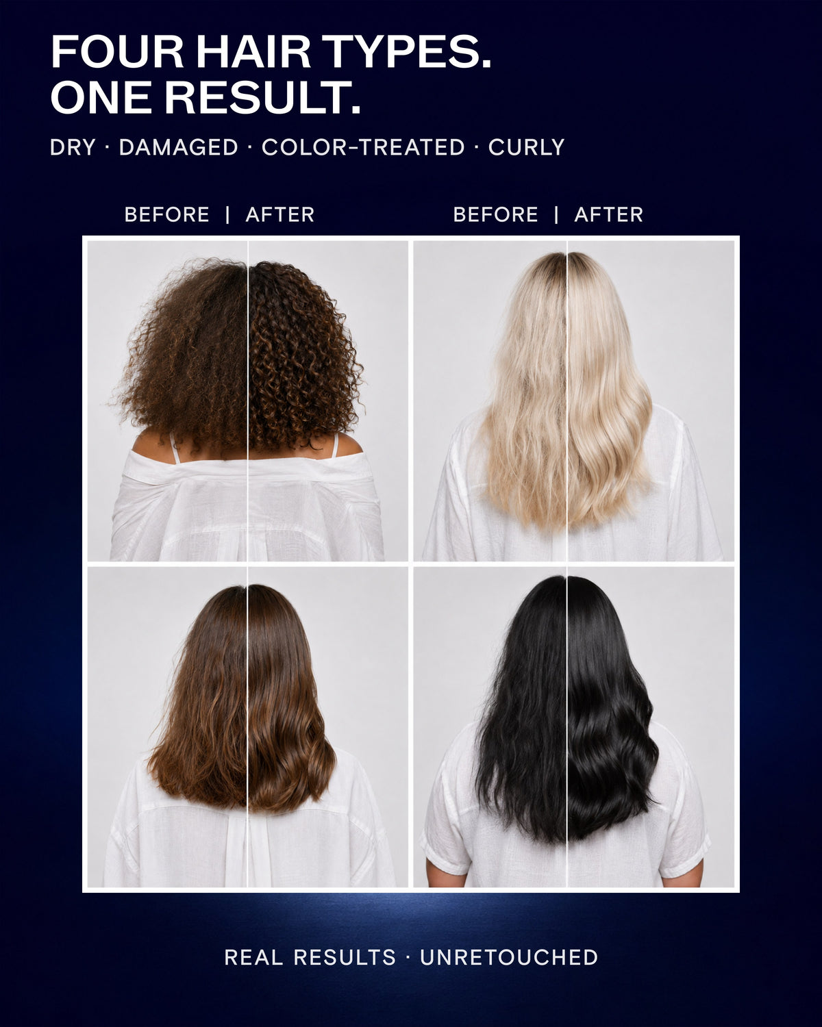 Before and after on four hair types: dry, damaged, color-treated and curly hair