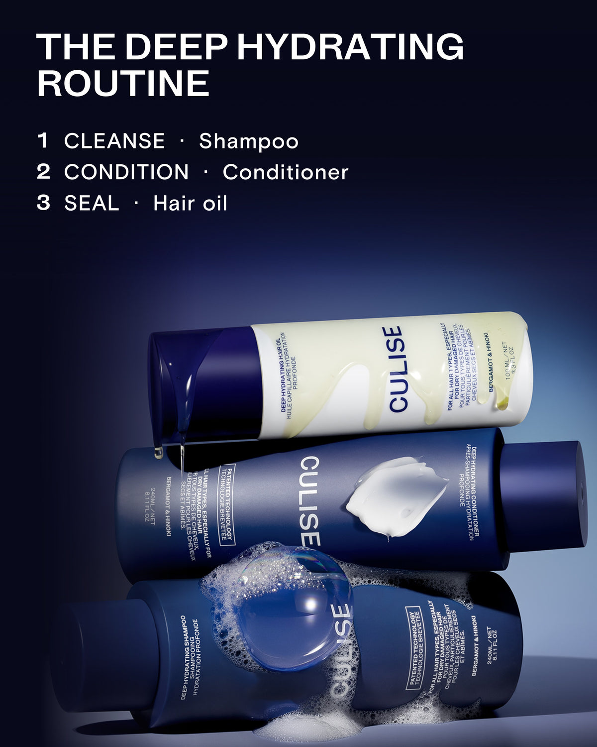 The CULISE deep hydrating routine: shampoo, conditioner, hair oil