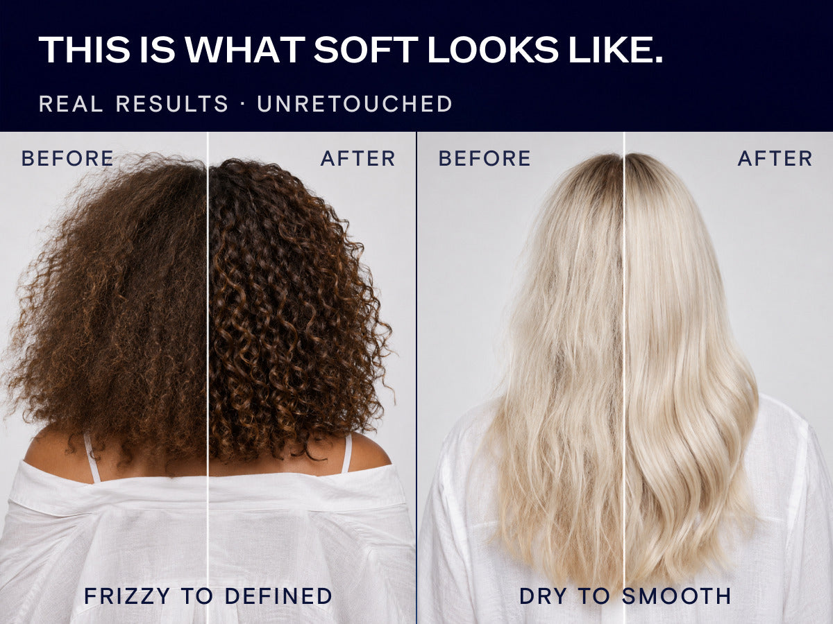 Before and after CULISE Deep Hydrating Conditioner on curly and blonde hair, unretouched