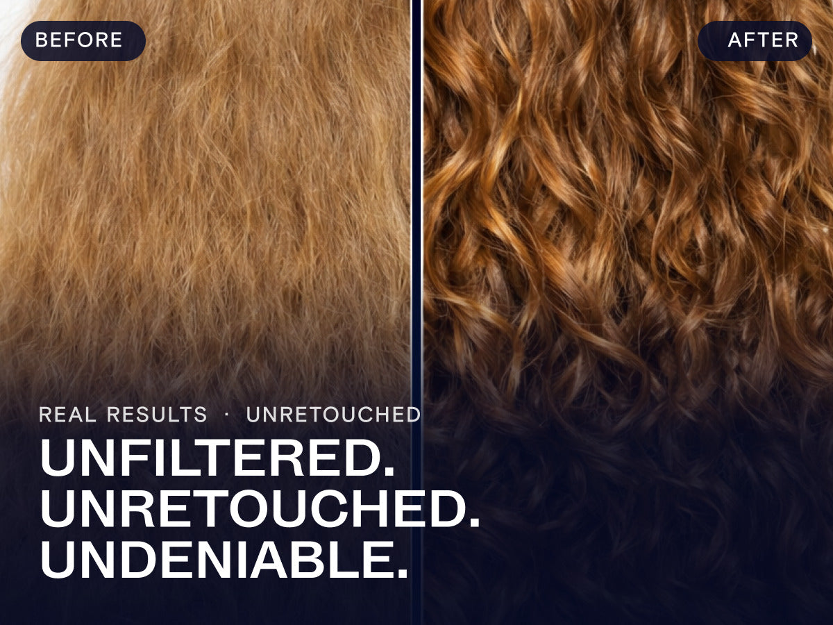 Before and after CULISE Deep Hydrating Hair Oil on curly hair, unretouched
