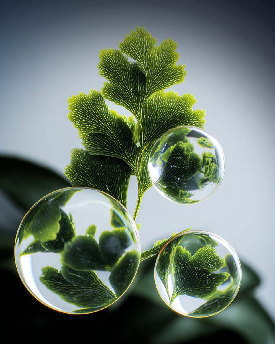 Green leaf held in water droplets