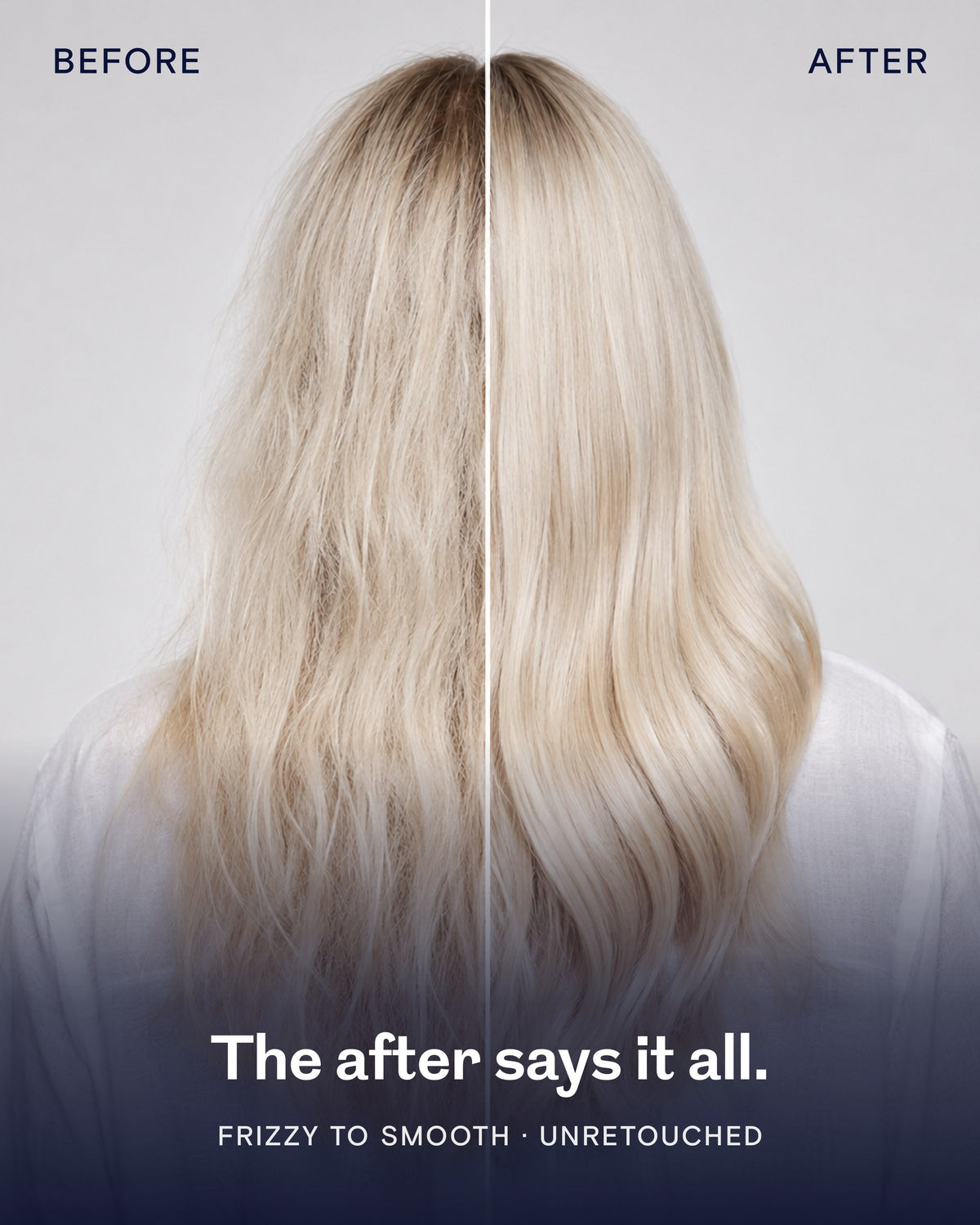 Before and after on blonde hair: frizzy to smooth with CULISE hair oil. Unretouched