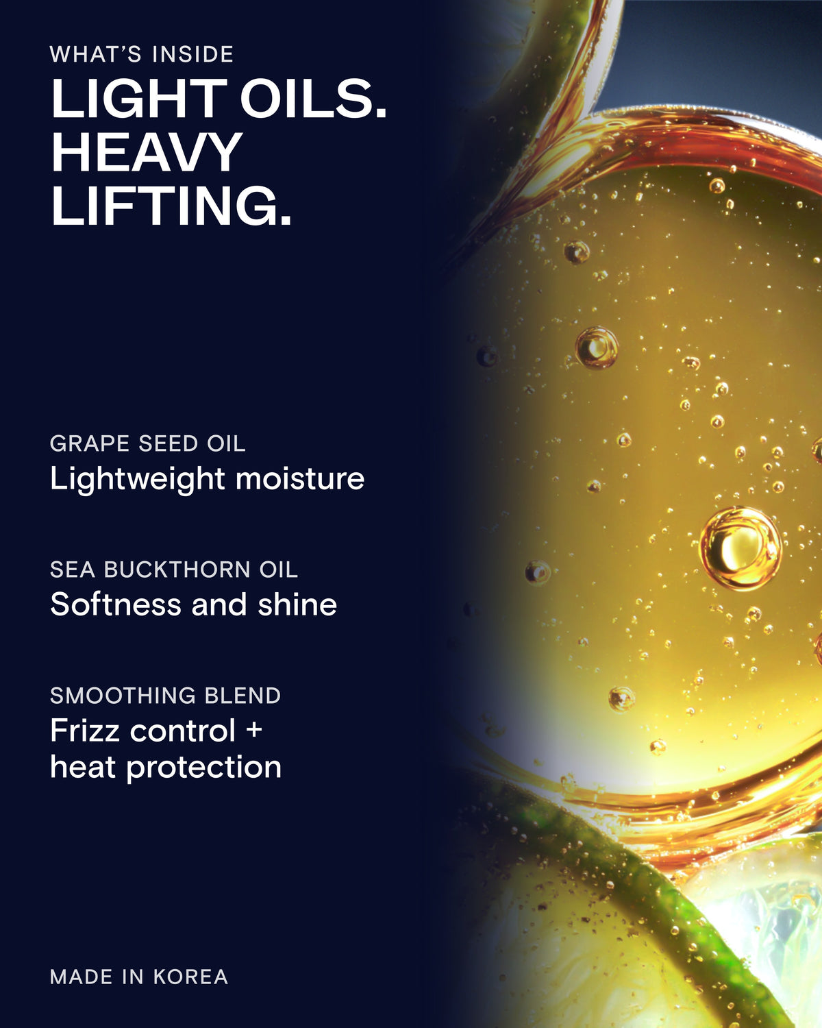 CULISE hair oil formula: grape seed oil, sea buckthorn oil and a smoothing blend for frizz control and heat protection