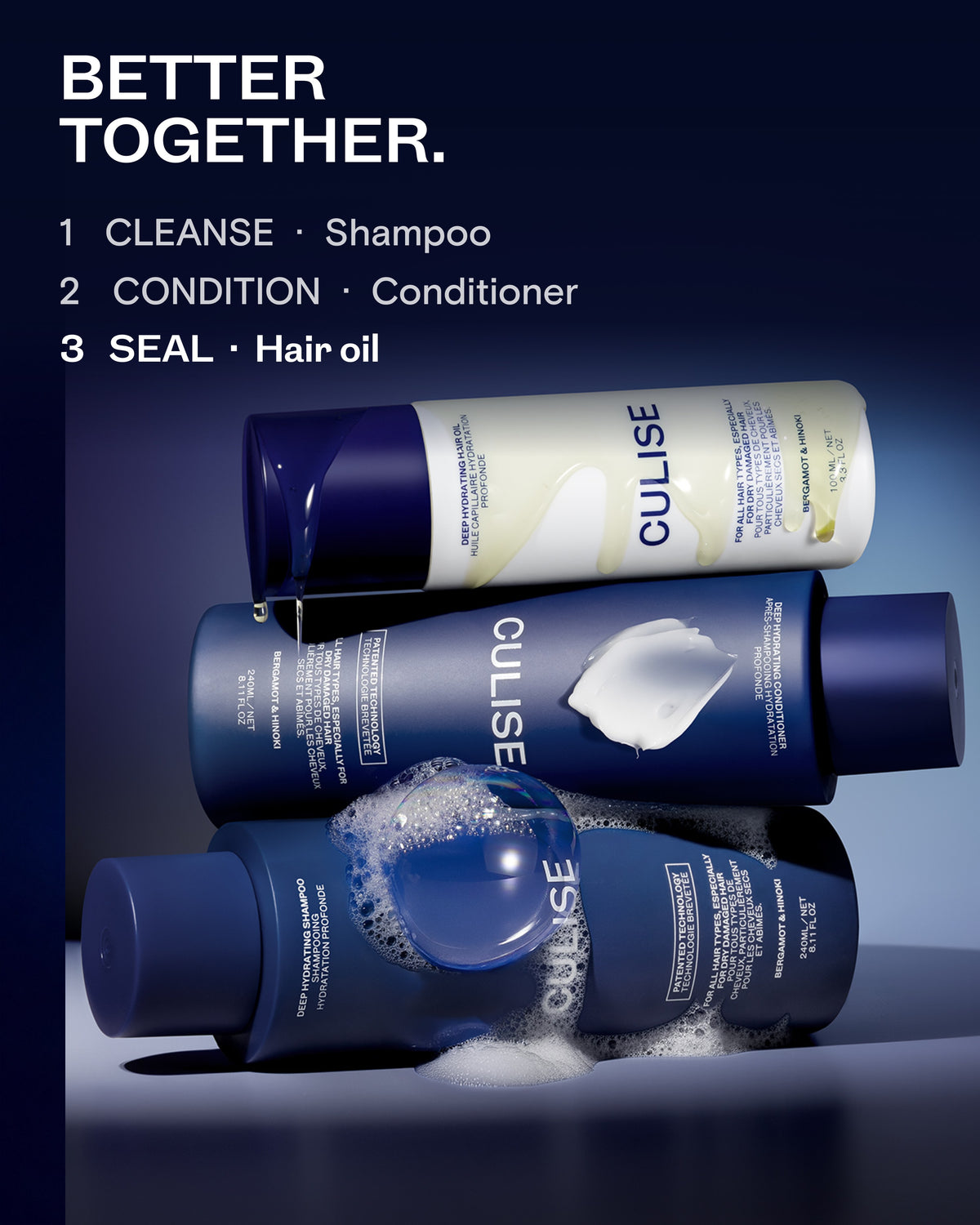 Better together: shampoo, conditioner and CULISE hair oil to seal