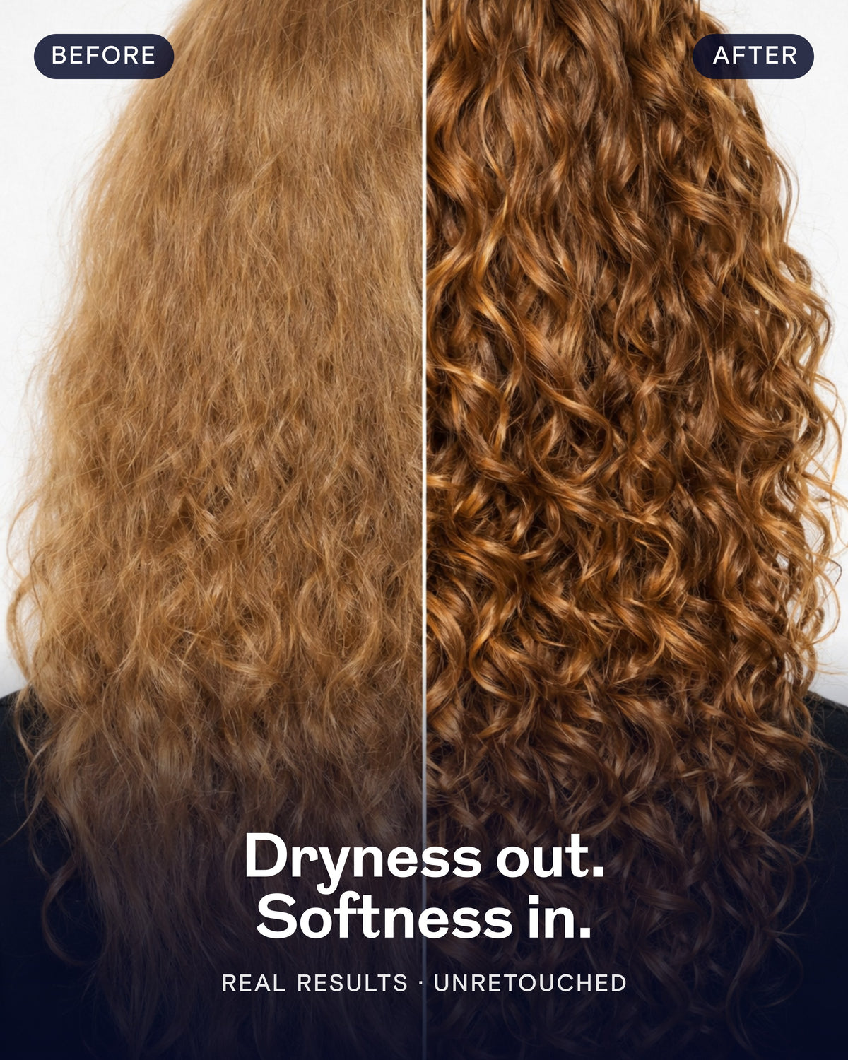 Before and after on curly hair: dryness out, softness in. Real results, unretouched