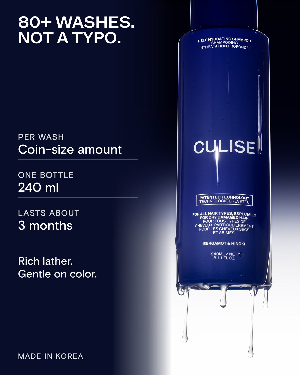 80+ washes per 240 ml bottle: a coin-size amount per wash, about 3 months