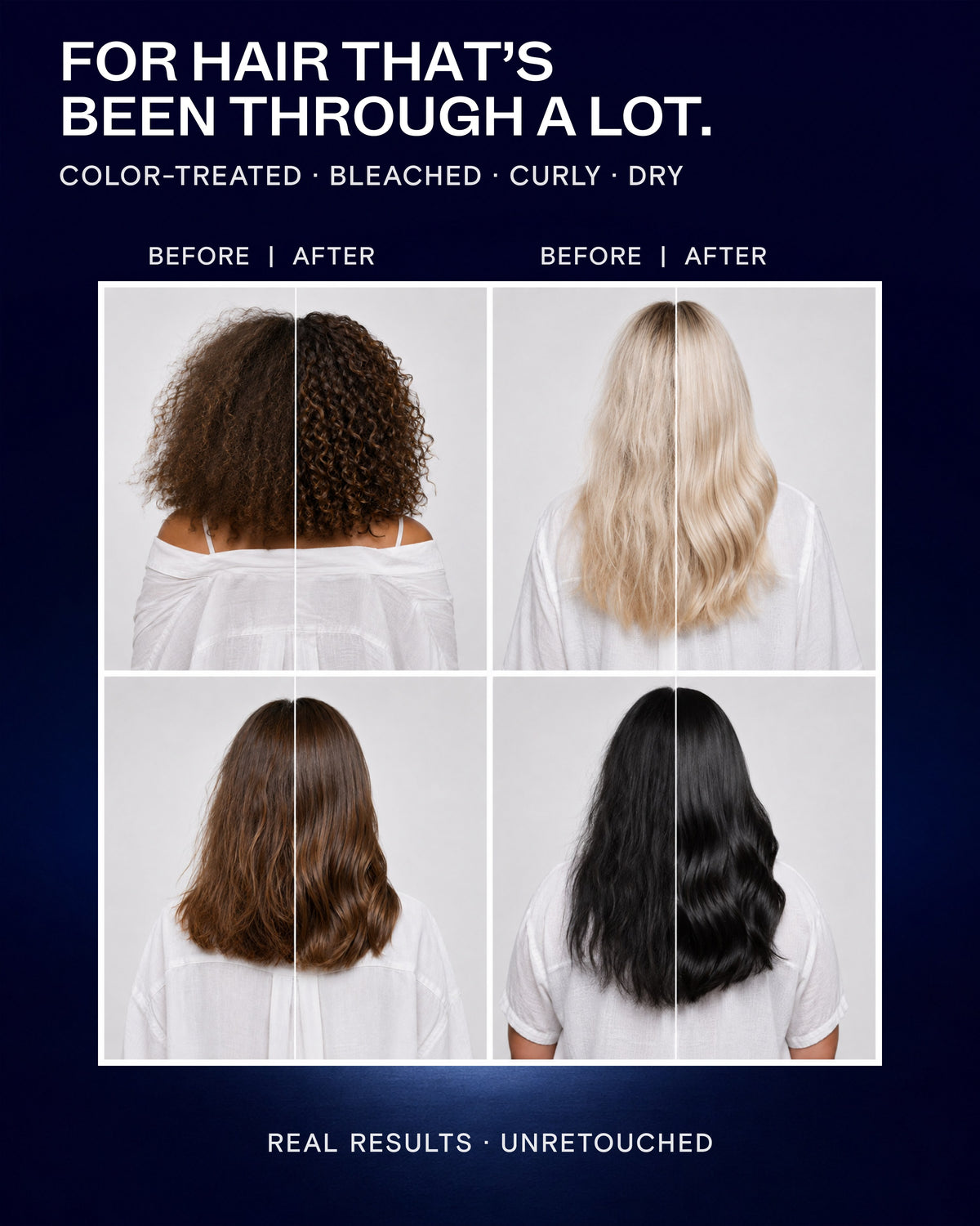 Before and after on four hair types: color-treated, bleached, curly and dry hair