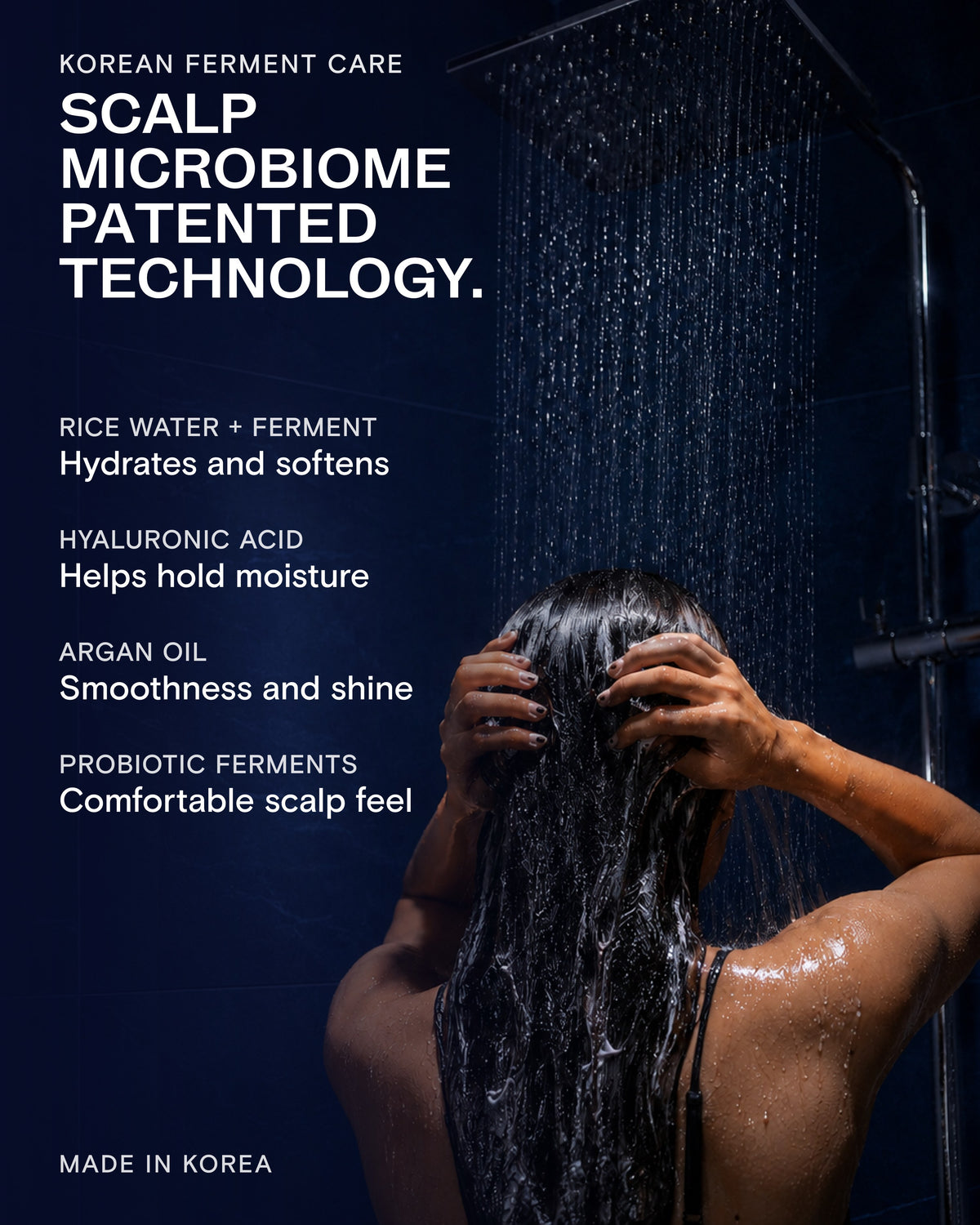 CULISE shampoo formula: rice water and ferment, hyaluronic acid, argan oil, probiotic ferments, Scalp Microbiome Patented Technology